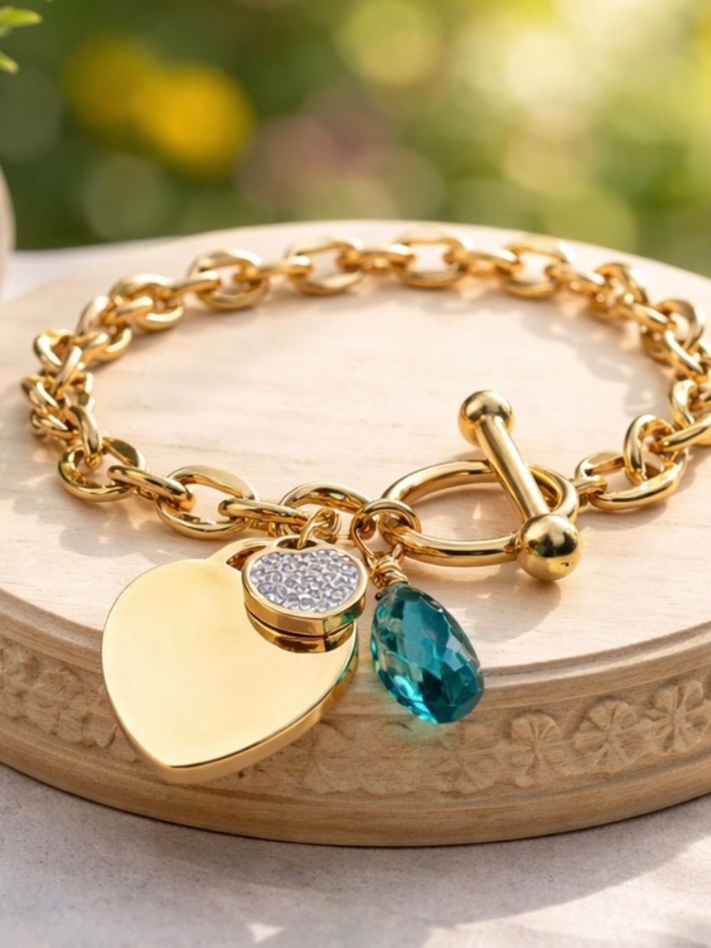New Waterproof Stainless Steel Blue Topaz Charm Bracelet 7 1/4"